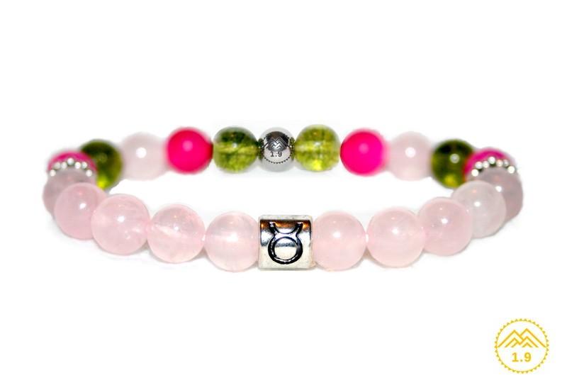 Bracelet enfant astro Taureau rose et vert Quartz rose Péridot Agate fuchsia Pierres naturelles