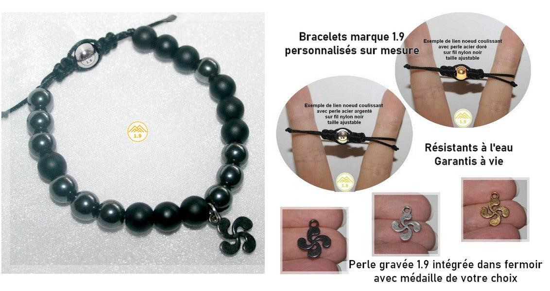Bracelet enfant lithothérapie personnalisé sur mesure résistant marque 1.9 avec médaille croix basque