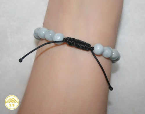 Bracelet shamballa macramé mala tibétain et pierres naturelles aigue-marine sur cordon noir