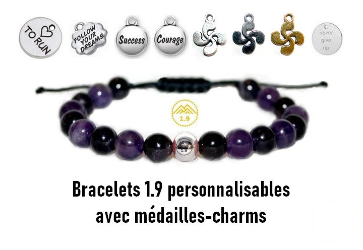 bracelet lithothérapie marque 1.9 améthyste personnalisable avec médaille et croix basque