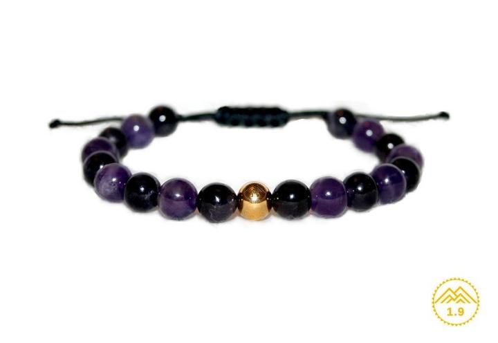 Bracelet shamballa lithothérapie homme femme amethyste violet ''clairvoyance protection'' et perle acier or 1.9