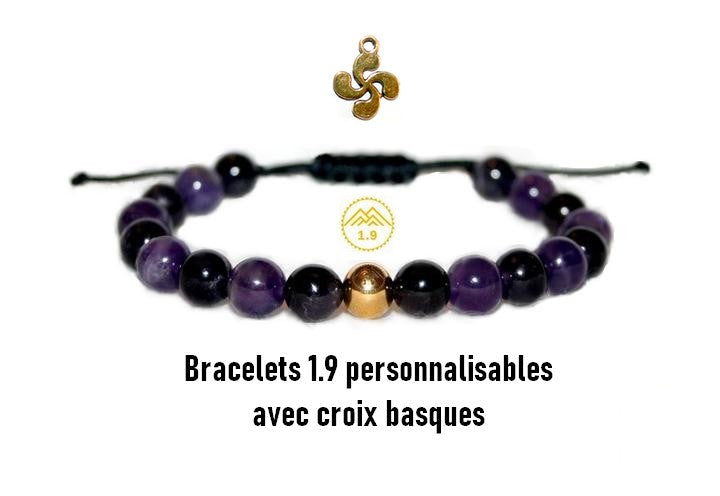 Bracelet lithothérapie acier or 1.9 personnalisable avec croix basque dorée