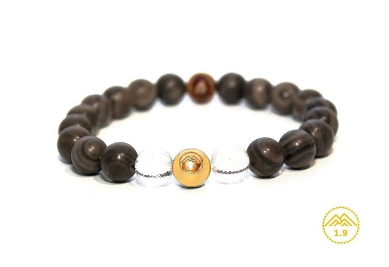 Bracelet enfant sur mesure en pierres naturelles de marbre gris marron et cristal de roche et perle 1.9 dorée or