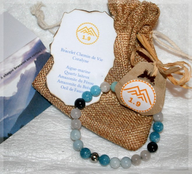bracelet femme lithotherapie pierres bleues turquoise et quartz blanc sur-mesure marque 1point9