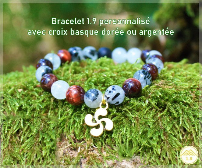 Bracelet homme croix basque dorée Quartz tourmaline Oeil de taureau Lithotherapie 1.9