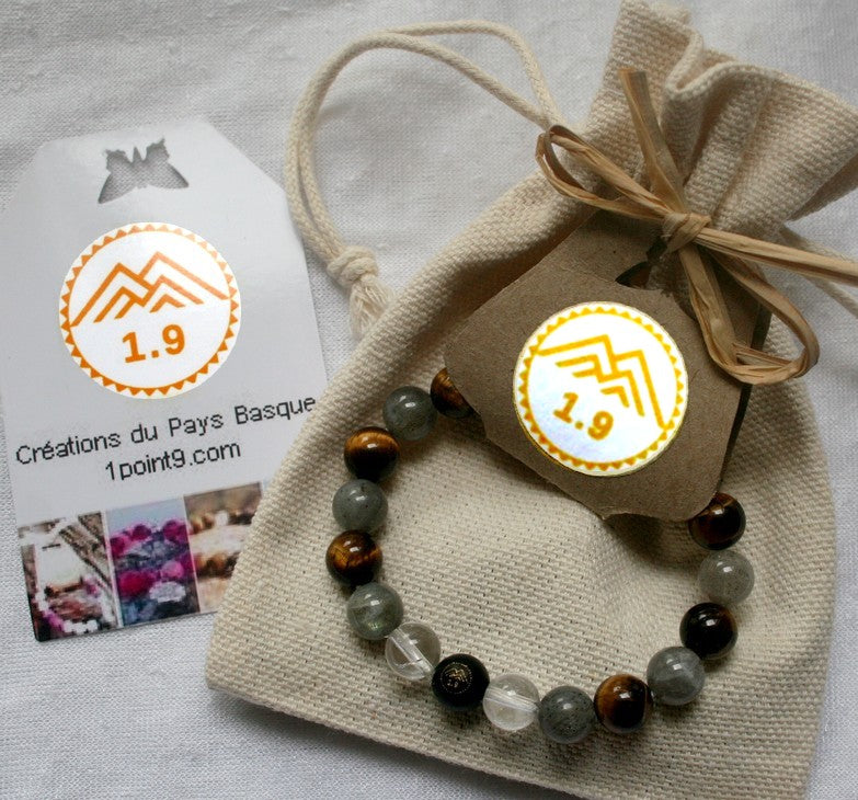 Bracelet femme en labradorite, oeil de tigre et cristal de roche, fait main sur mesure, de la marque 1.9 spécialiste en lithothérapie