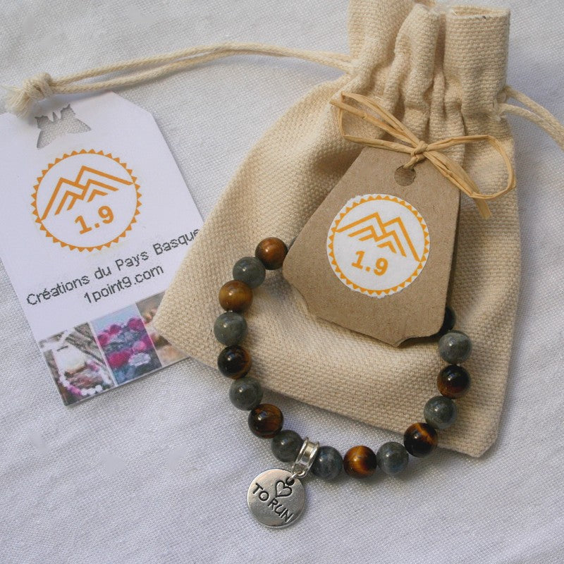 cadeau bracelet femme pierres naturelles labradorite et oeil de tigre avec médaille argent To Run pour runner trailer de la marque 1point9