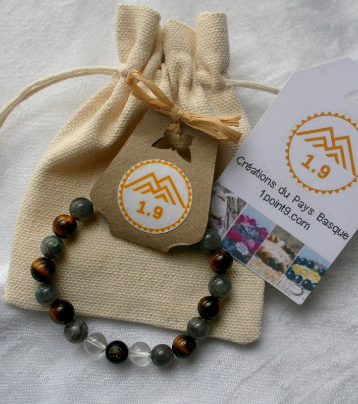 Cadeau bracelet en labradorite, oeil de tigre et cristal de roche. Bijou fait main sur mesure de la marque 1point9