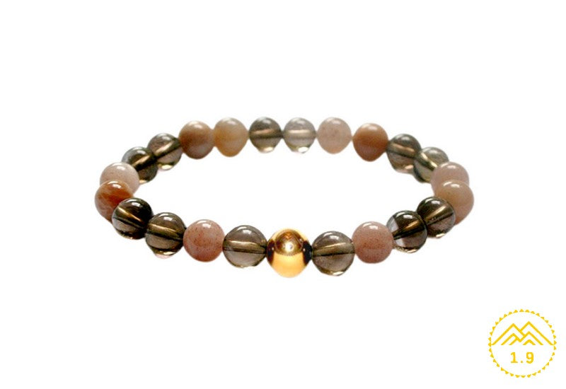Bracelet quartz fumé et pierre de soleil + perle dorée or de la marque 1.9