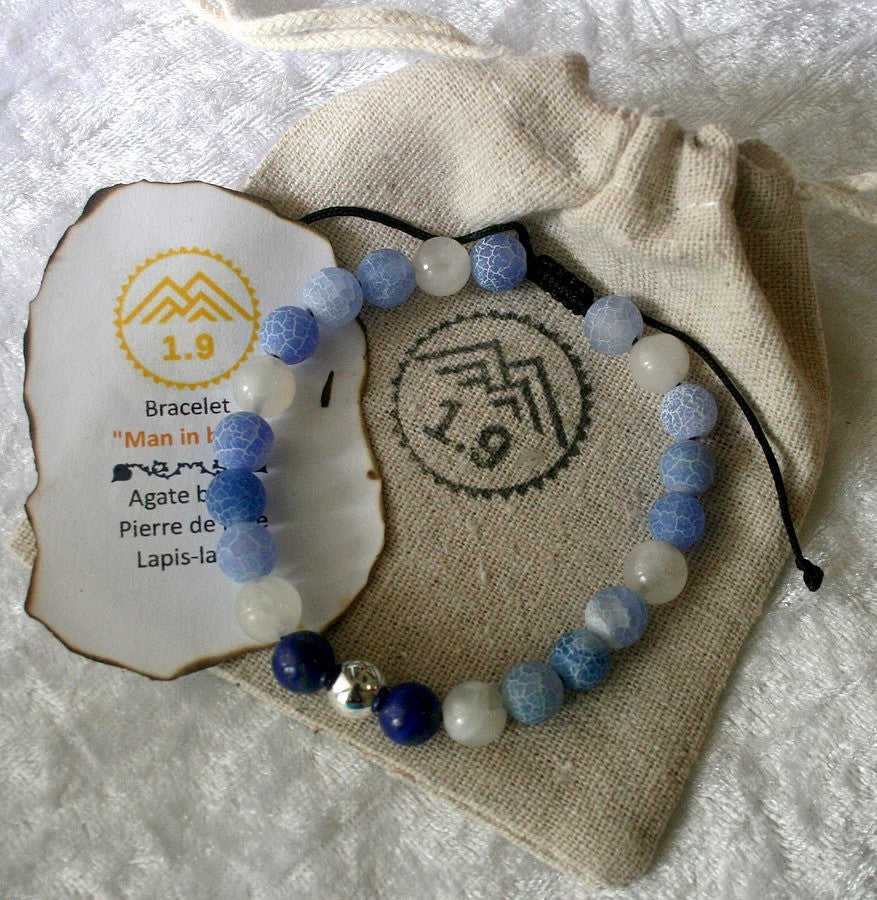 Idée cadeau homme : bracelet perles agate bleue, lapis-lazuli, pierres de lune et Perle 1.9