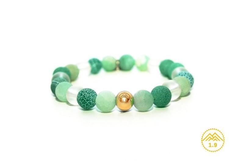 Bracelet femme en pierres naturelles d'agate verte et cristal de roche et perle acier doré or