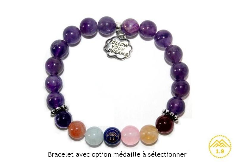 bracelet chakras pierre véritable d'améthyste, grenat, quartz rose, citrine, aigue-marine, cornaline et lapiz lazuli pour femme