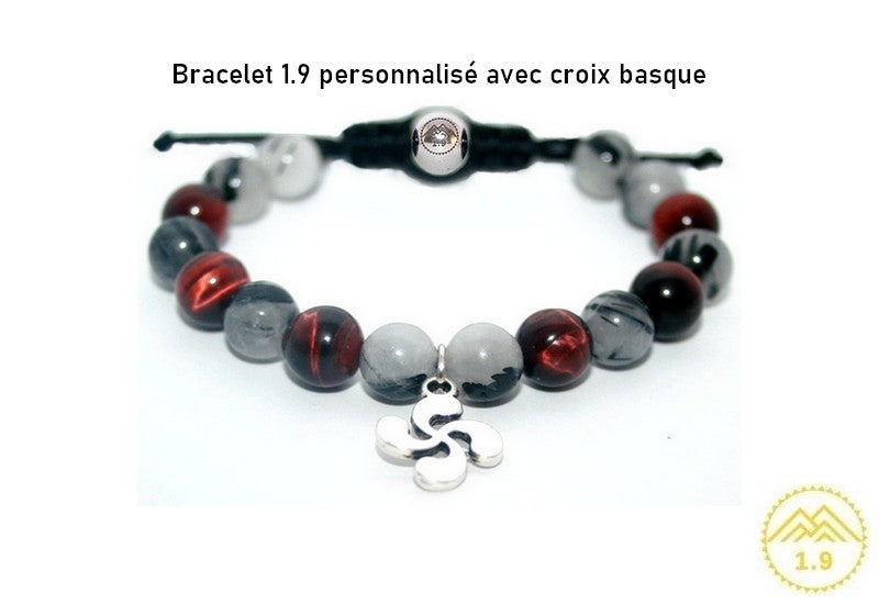 Bracelet croix basque argent pour homme & pierres Oeil de taureau et Quartz tourmaline noire lithothérapie 1.9 personnalisé sur mesure