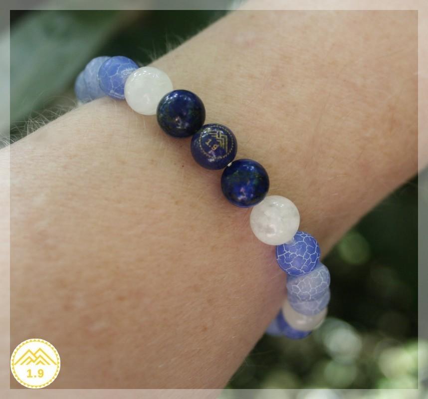 bracelet homme bleu et blanc : lapis-lazuli, pierre de lune, agate bleue, perle 1.9