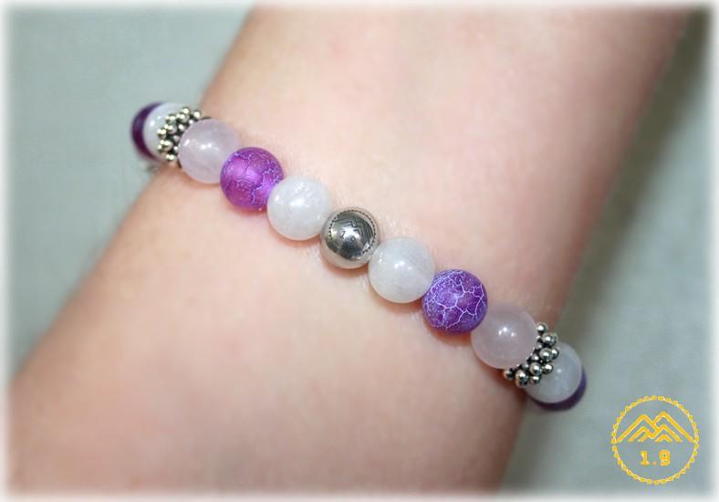 bracelet femme pierres de lune agate givrée violette et quartz rose naturelle 1.9