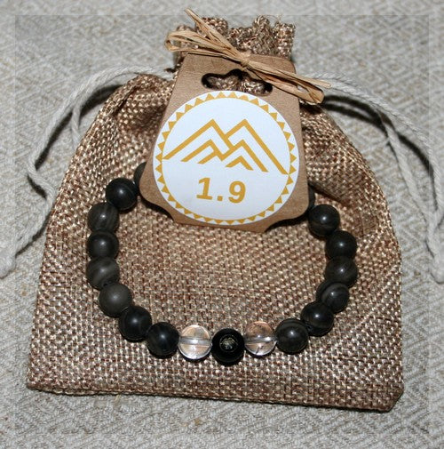 Cadeau bracelet homme Perles marbre gris Cristal de roche Perle onyx noir gravée 1.9 lithothérapie