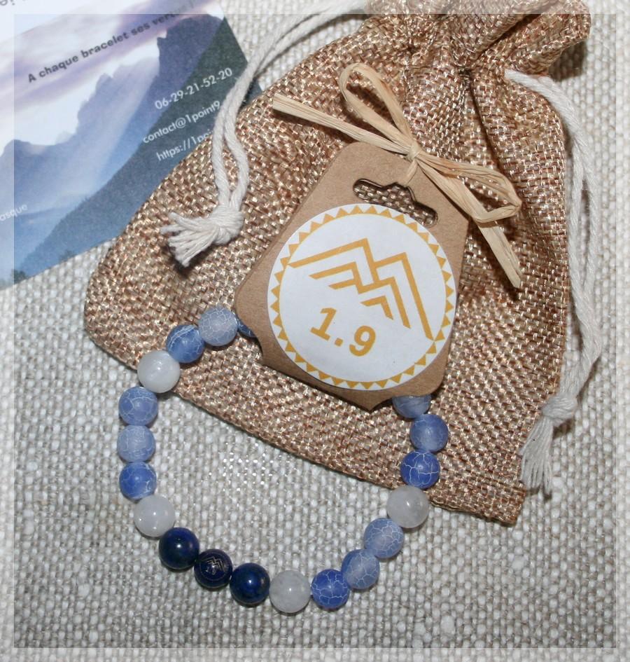 Idée cadeau homme : bracelet perles agate bleue, lapis-lazuli, pierres de lune et Perle 1.9